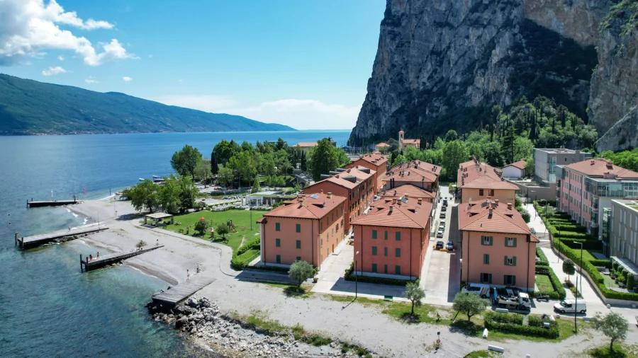 Aerial view of lakefront apartments in Campione del Garda
